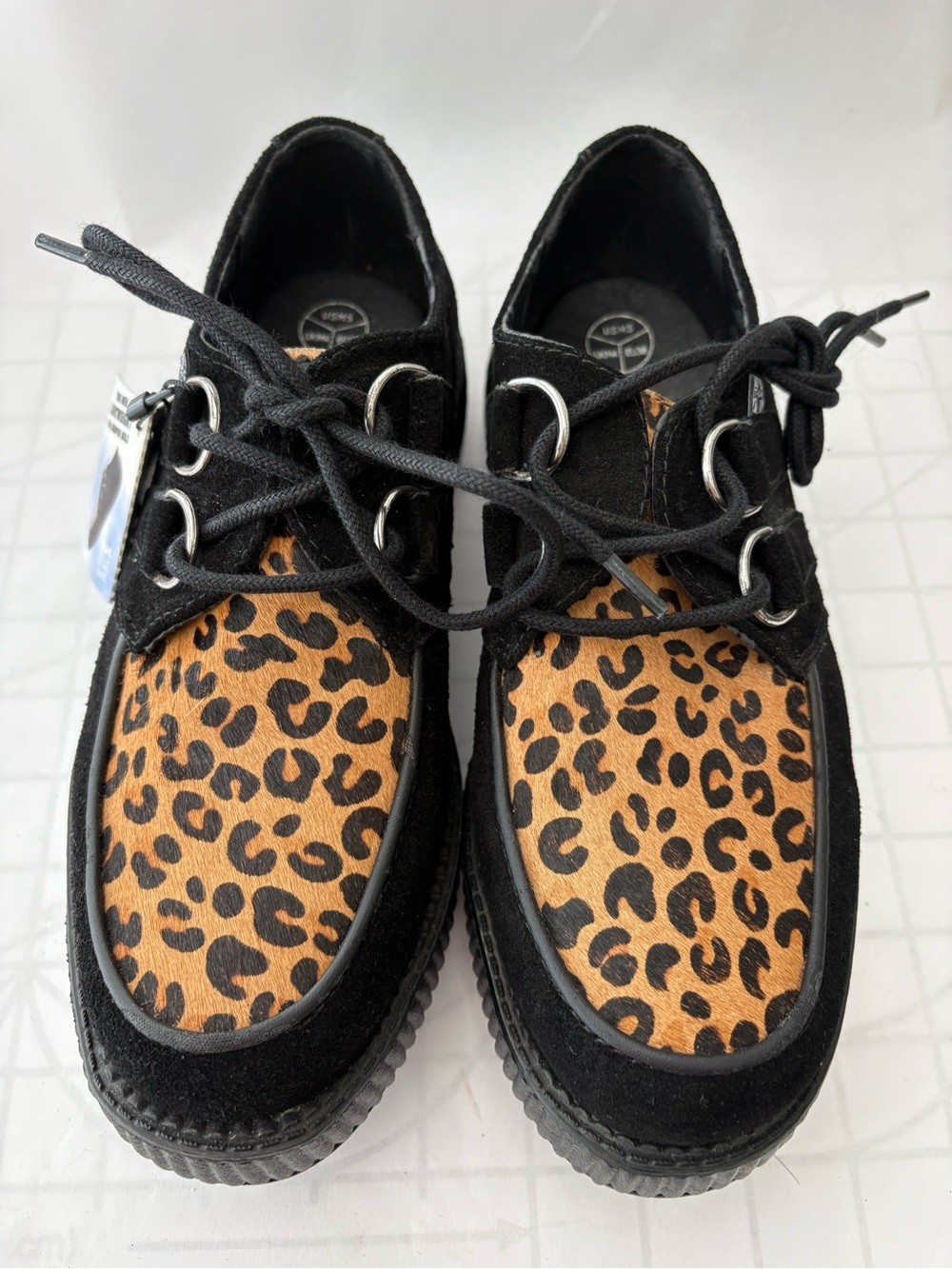 TUK Black Viva Creepers Black Leather Suede wi Leopard Print Cow Fur Black NWT